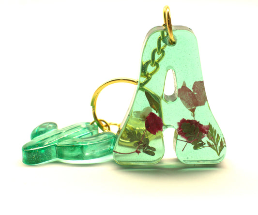 Transparent Green Epoxy Letter A Keychain with Dried Flowers
