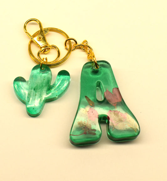 Transparent Green Epoxy Letter A Keychain with Dried Flowers